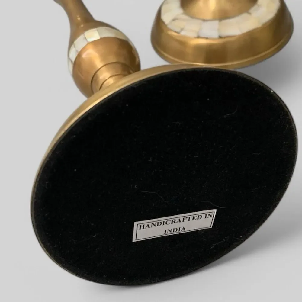 Vintage Brass Mother of Pearl Candle Holders Pair 1970s